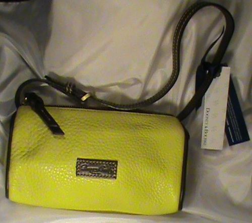 Dooney &amp; bourke nwt mini barrel handbag purse lime yellow brown pebbled leather for sale