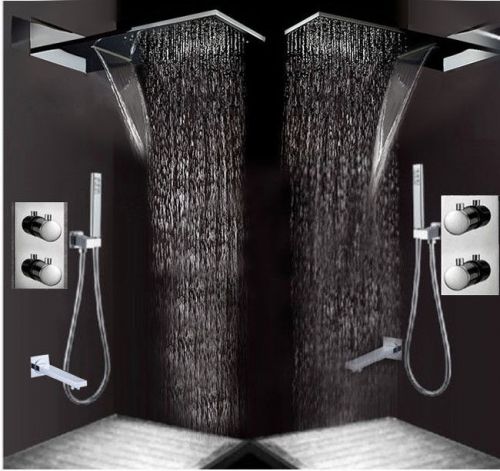 Chrome Thermostatic Mixer Valve Multi-Functions Rainfall Bath Shower Faucet Sets