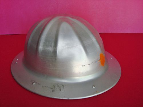 Aluminum safety hard hat w/ leather liner inscribed w/ &#034;eby&#034; + orange paint for sale