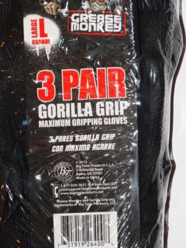 3 Pairs Large Gorilla Grip Work Gloves by Grease Monkey Non-Slip Coating Black
