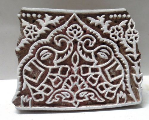INDIAN WOODEN HAND CARVED TEXTILE PRINTING ON FABRIC BLOCK STAMP TWIN ELEPHANTS