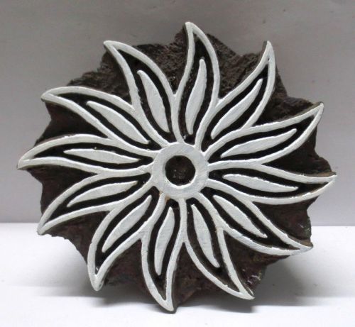 INDIAN WOODEN HAND CARVED TEXTILE PRINTING FABRIC BLOCK STAMP ROUND FLOWER LARGE
