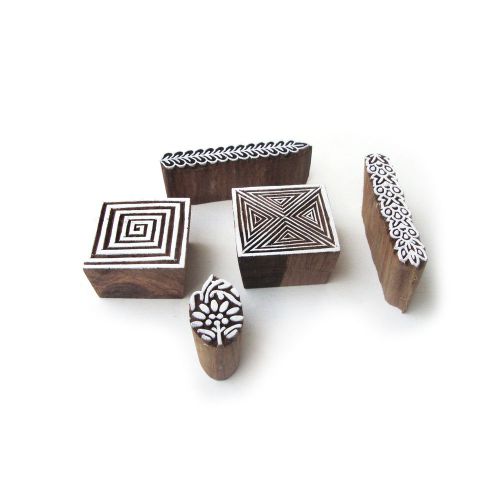 Indian Handcarved Floral and Geometric Designs Wooden Tag Blocks (Set of 5)