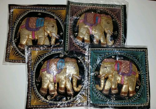 Lot of 4 Decorative Textile Elephant Sequins hand made embroidered  vintage