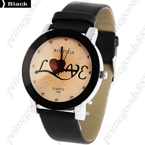 Love Rhinestones PU Leather Lady Ladies Analog Quartz Wristwatch Women&#039;s Black