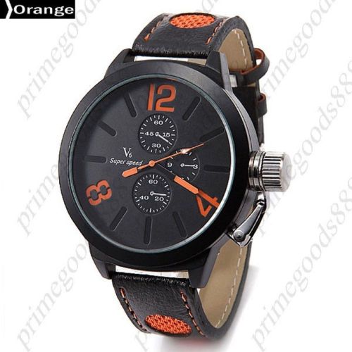 Wide PU Leather Round Quartz Big Analog 3 Sub Dial Wrist Men&#039;s Wristwatch Orange