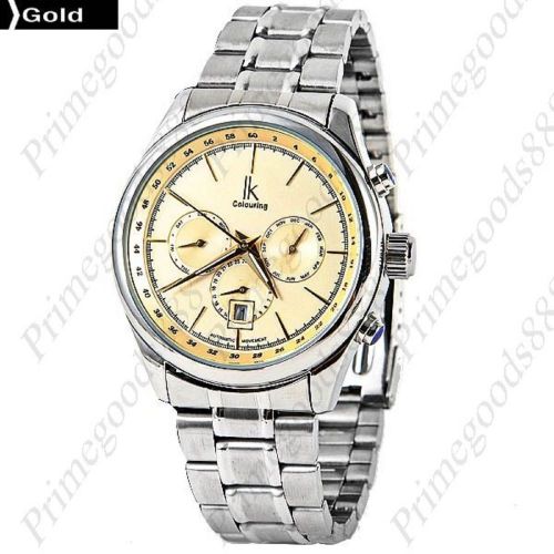 Sub Dial Stainless Steel Date Auto Mechanical Wrist Men&#039;s Wristwatch Gold Golden