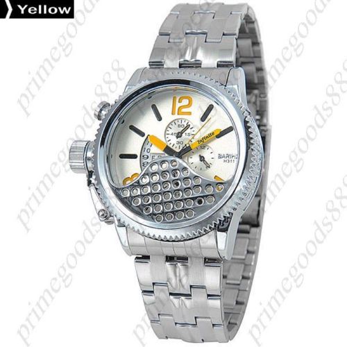 Stainless steel band date analog quartz false sub dials men&#039;s wristwatch yellow for sale