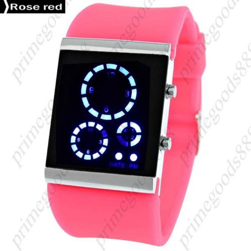 Rubber Band Blue Light LED Digital Wrist with Date in Rose Red Free Shipping