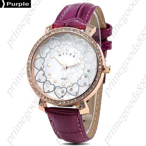 Hearts Rhinestones PU Leather Quartz Heart Lady Ladies Wristwatch Women&#039;s Purple
