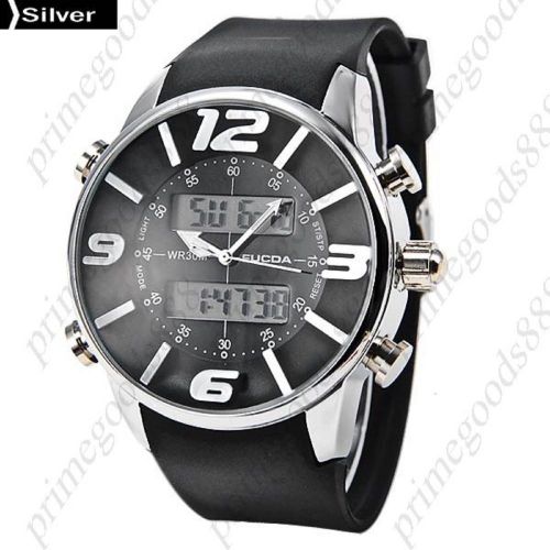LCD Rubber Analog Digital Quartz Alarm Stopwatch Date Men&#039;s Wristwatch Silver