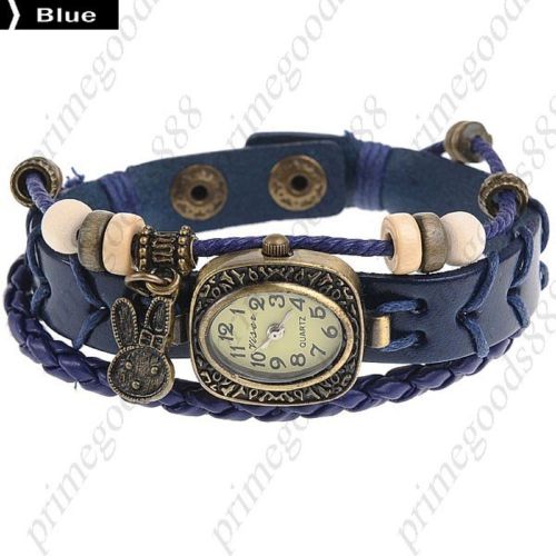 PU Leather Rabbit Quartz Wrist Wristwatch Free Shipping Women&#039;s Blue