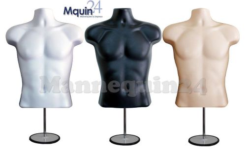 3 pcs- male torso mannequin forms (white, black, &amp; flesh)+ metal stands &amp; hooks for sale