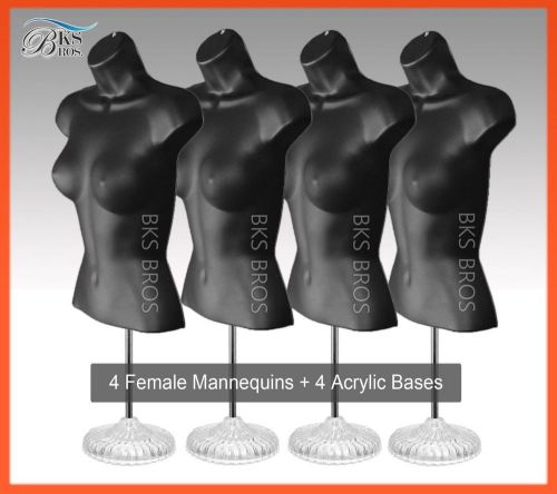 4pc BLACK Female Mannequin Torso w/ACRYLIC Stand + Hanging Hook Dress Form Women