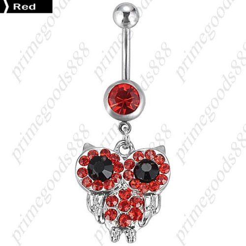 Owl Pendant Belly Button Ring Body Piercing  Jewelry with Rhinestones Silver Red