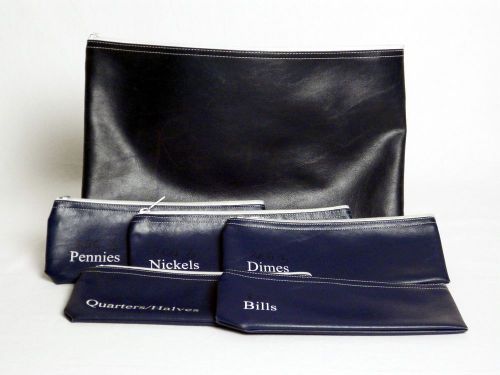 6 Piece Navy Blue Cash Register Money Bank Bags Bills Coins Deposit