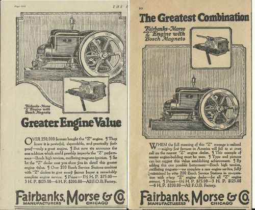 Two 1919 Fairbanks Morse &amp; Co.Chicago &#034;Z&#034; Engine With Bosch Magneto ads