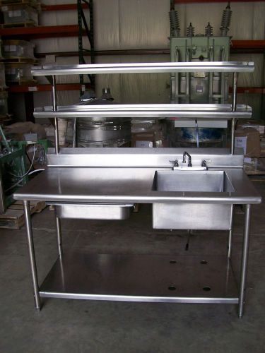 NSF STAINLESS STEEL H.D. WORKTABLE, SINK, DOUBLE OVERSHELF, DRAWER, LEVER DRAIN