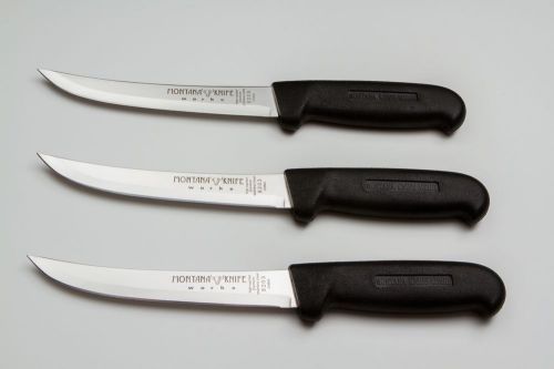 3 Montana Knifeworks 6” Boning Knives Curved/Stiff Black Fibrox Handle Brand New