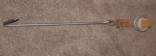 Stainless steel meat hook mounted on rail trolley wheel smith mfg. co. ny 32&#034; for sale