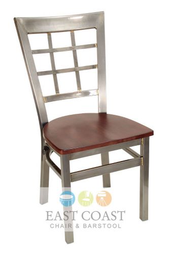 New Gladiator Clear Coat Window Pane Metal Restaurant Chair w/ Walnut Wood Seat