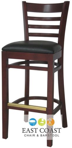 New wooden mahogany ladder back restaurant bar stool with black vinyl seat for sale