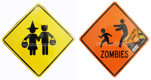 2 Sided ZOMBIES+TRICK OR TREATER Halloween Street Signs ORANGE+YELLOW New! 3/4