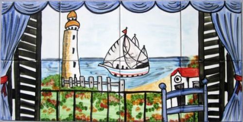 DECORATIVE CERAMIC TILES: MOSAIC PANEL HAND PAINTED LIGHTHOUSE MURAL 24in x 12in