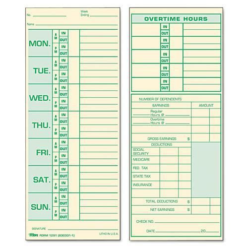 NEW TOPS 1291 Time Card for Pyramid Model 331-10, Weekly, Two-Sided, 3-1/2 x