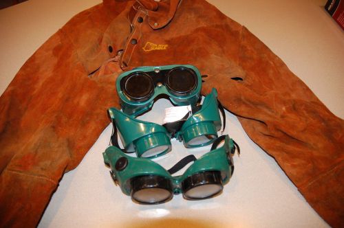 Lot of (3) Welding Goggles and (1) Singer Red Eagle Cow Hide Jacket Arms