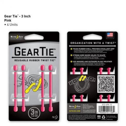 Gear Tie Reusable 3&#034; Rubber Twist Tie, 4-Pack, Pink Nite Ize Ratchet GT3-4PK-12