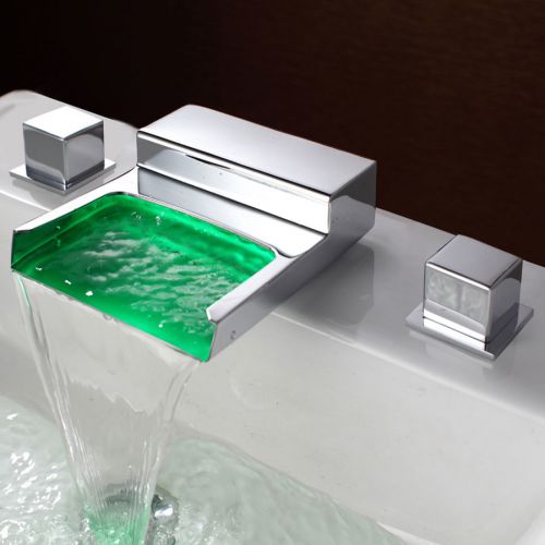 Modern 3 Hole Widespread LED Waterfall Chrome Brass Faucet Tap Free Shipping
