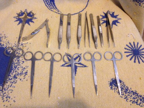 Mixed lot of 7 scissors, 7 tweezers and micro snipper for sale