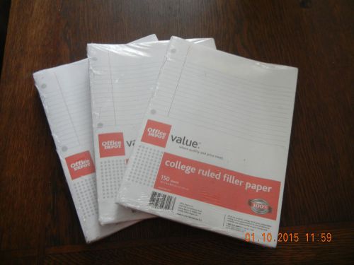(3) packs 150 Sheets Hole Punched Filler Paper College Ruled 10.5&#034; x 8&#034;