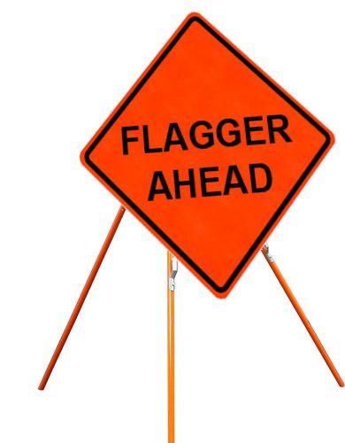 Flagger Ahead 36&#034; X 36&#034; Vinyl Fluorescent Roll Up Sign And Tripod Stand