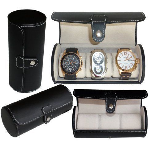 Leatherette Roll Travelers Watch Storage Organizer for 3 Watch and / or Black