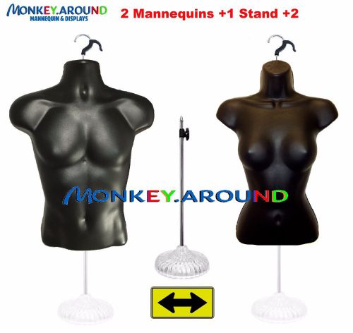 2 Mannequin Display,Male Female Dress Black Torso Body Form +1 STAND +2 HANGERS