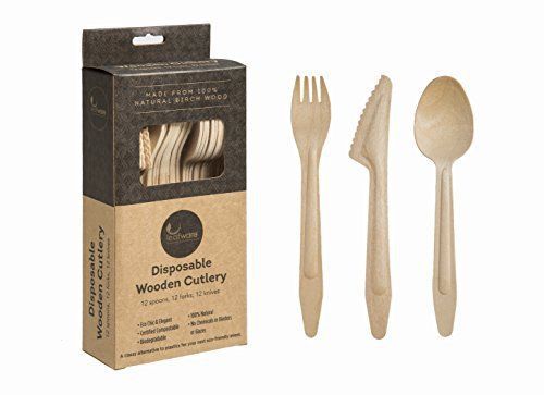 Leafware Disposable Wooden Cutlery Combo Set - 12 Spoons, 12 Forks, 12 Knives