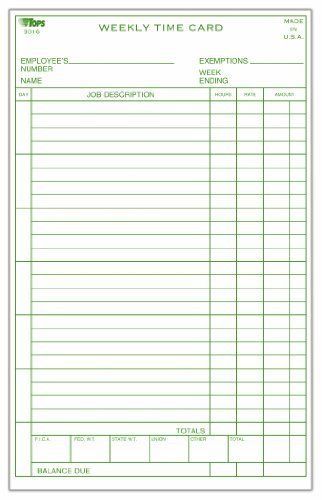 TOPS Weekly Job Cards, Green Ink Front, 3.5 x 9 Inches, 500-Count, Manila 1258