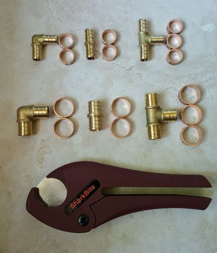 (60) 1/2&#034; &amp; 3/4&#034;pex crimp fittings (140) crimp rings (1)sharkbite  tube cutter for sale
