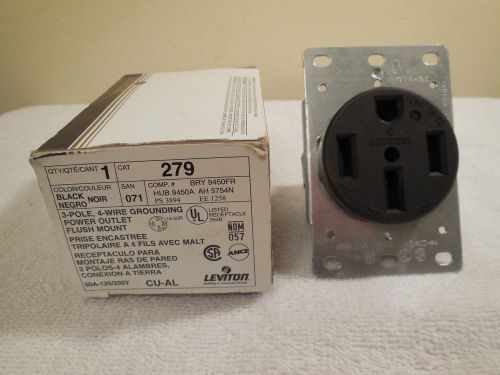 Leviton black 3-pole 4-wire grounding power outlet 279 flush mount 50a-125/250v for sale