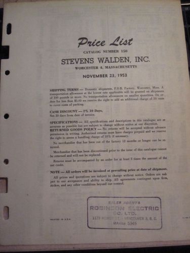 Vintage Price List 1953 Stevens Walden Inc. Electrical Supplier Insert