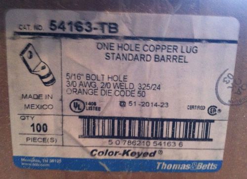 CASE 100PC THOMAS &amp; BETTS 54163-TB ONE HOLE COPPER LUG STANDARD BARREL orange 50