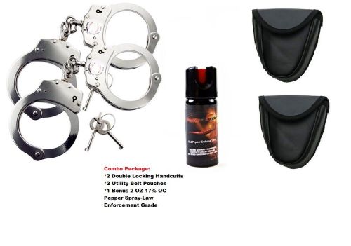 Police style double locking handcuffs with utility belt pouches and pepper can for sale