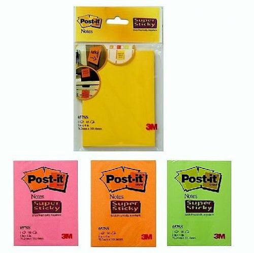 3M Post-It Super Sticky Notes 3&#034;x4&#034; |Neon Pink Orange Yellow | Bulk lot | 4 Pack