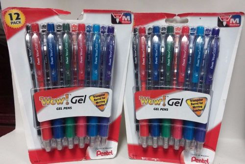 2 Pack PENTEL Gel Pens, Assorted Ink Medium 12 Pack Ea.  Triangular Barrel
