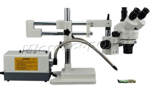 3.5X-90X Dual-bar Zoom Stereo Trinocular Boom Stand Microscope +Dual Fiber Light