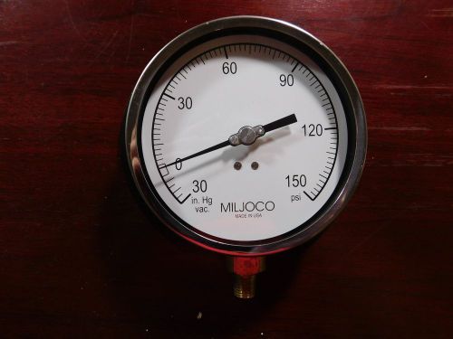 Miljoco 4-1/2&#034; pressure gauge, 30&#034; hg vac to 150 psi, p4509lx-006, new (io3) for sale