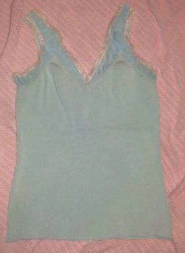 Tracy M Aqua Silk Knit Ribbed Sleeveless Shirt LARGE v-neck tank top Sheer Strap