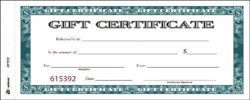Adams Gift Certificate Book, Carbonless, Single Paper, 3.4 x 8 Inches, White, 2-